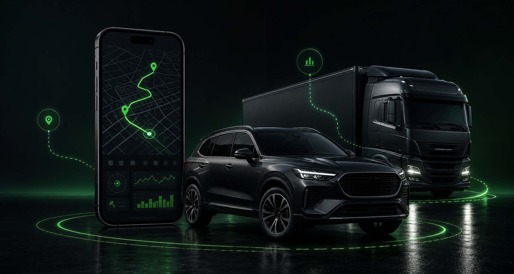 Smartphone com mapa de rastreamento ao lado de carro e caminhão